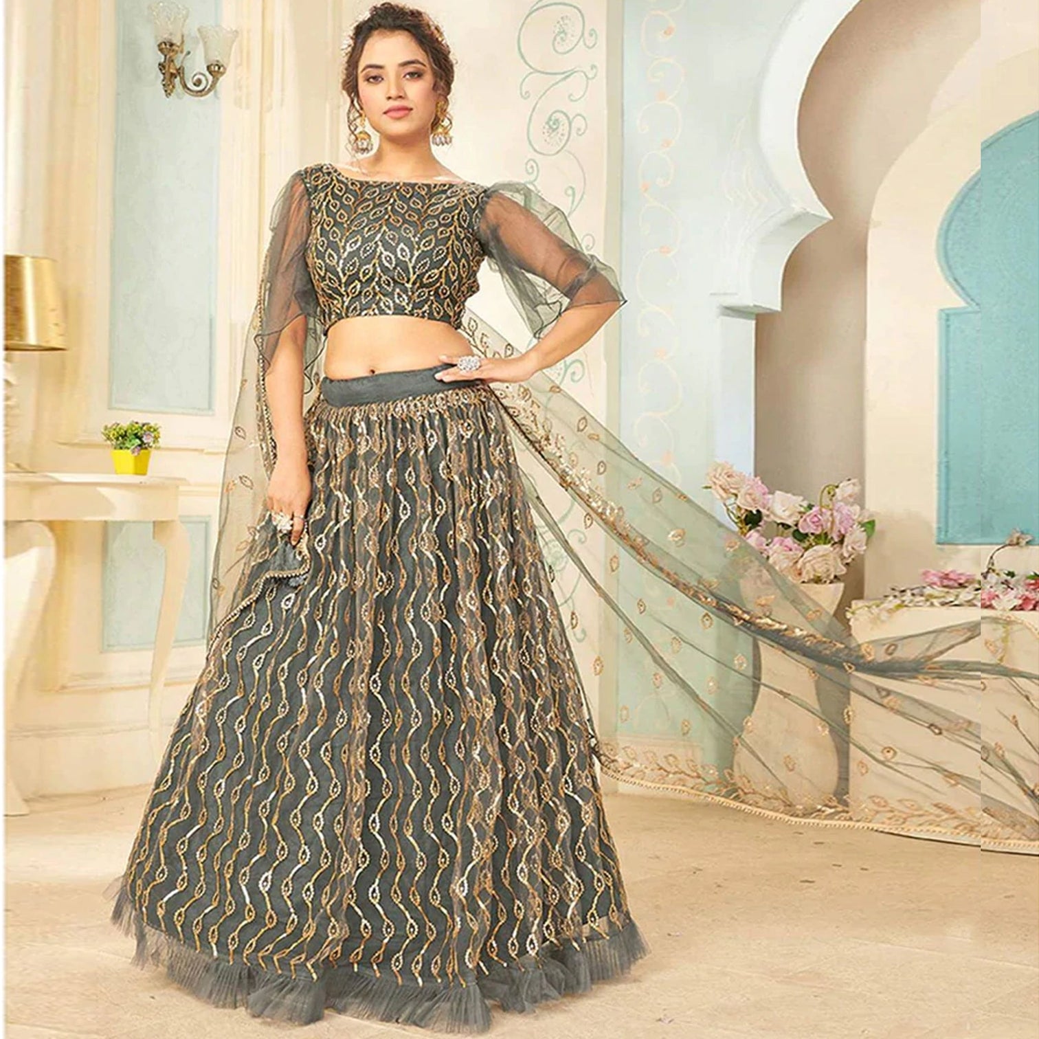 Soft Net Lehenga Choli with heavy sequins, Embroidery and Thread Work