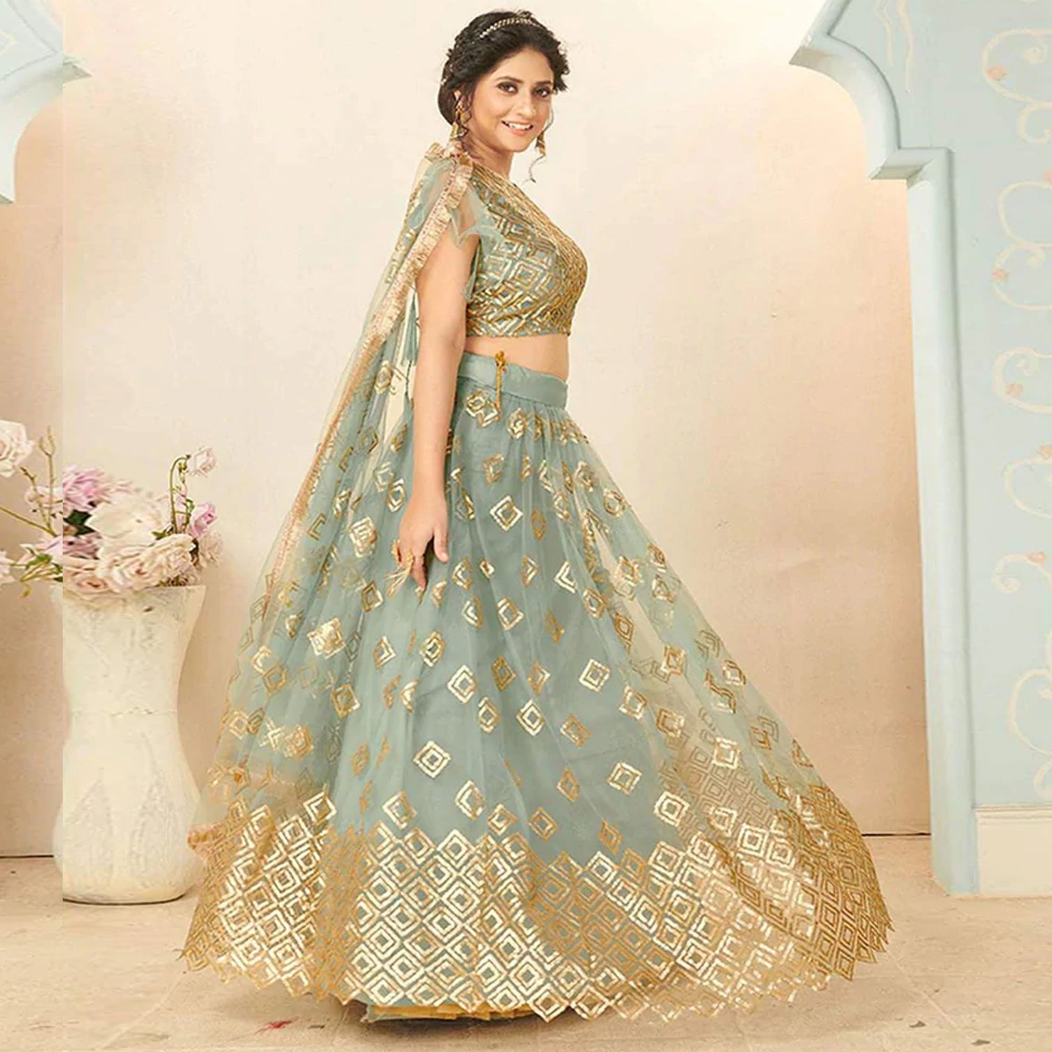 Soft Net Lehenga Choli with heavy sequins, Embroidery and Thread Work