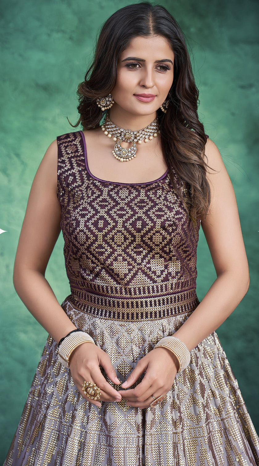 Wine Resham Embroidery Faux Georgette Anarkali for Sangeet