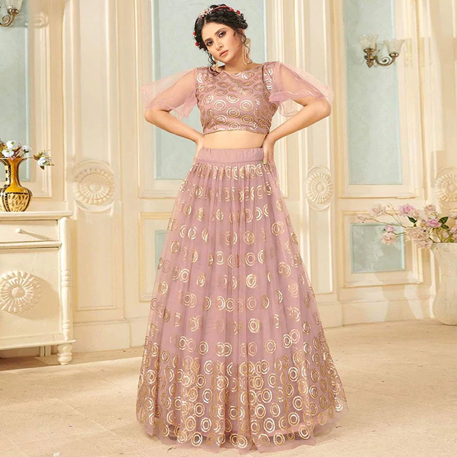 Soft Net Lehenga Choli with heavy sequins, Embroidery and Thread Work