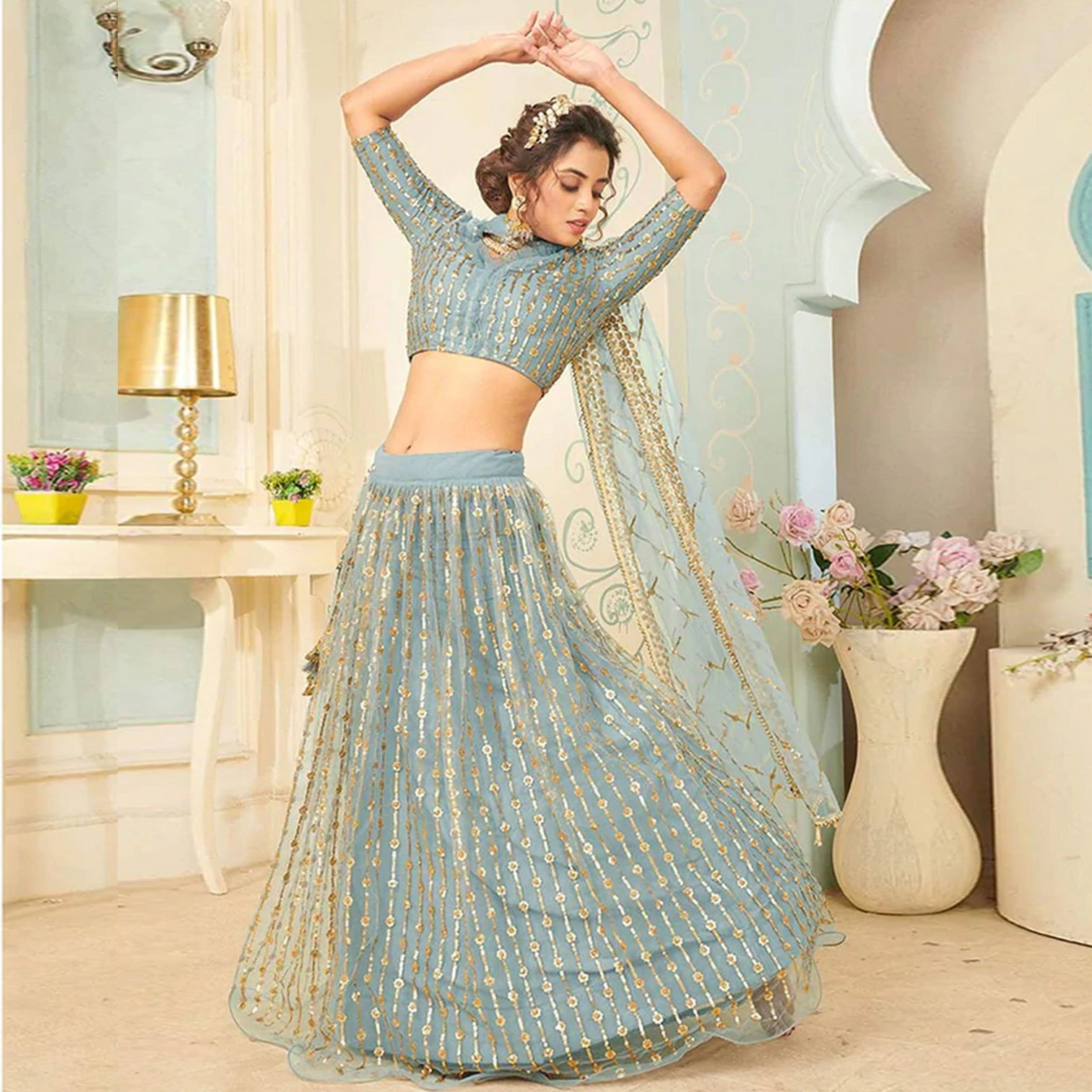 Soft Net Lehenga Choli with heavy sequins, Embroidery and Thread Work