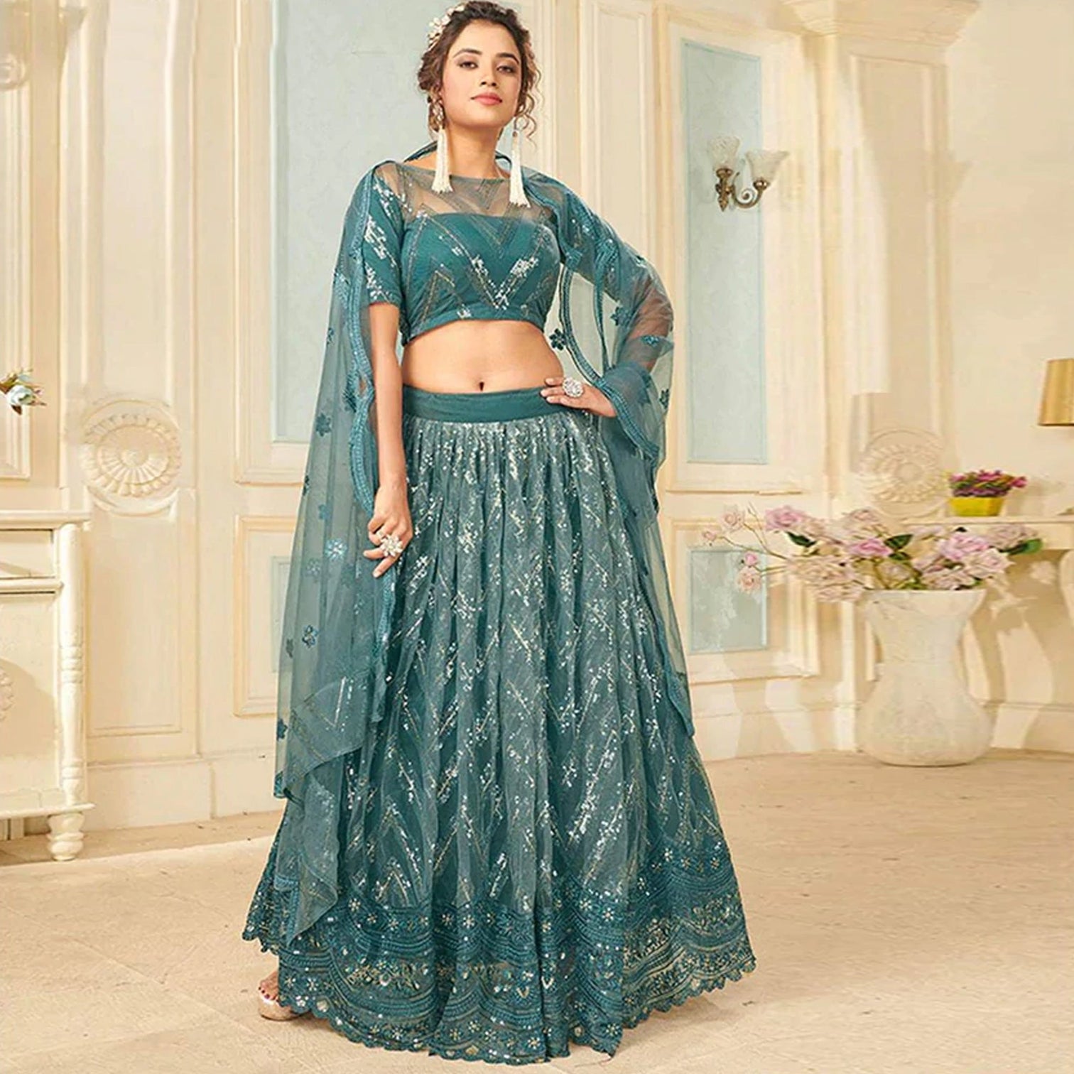 Soft Net Lehenga Choli with heavy sequins, Embroidery and Thread Work