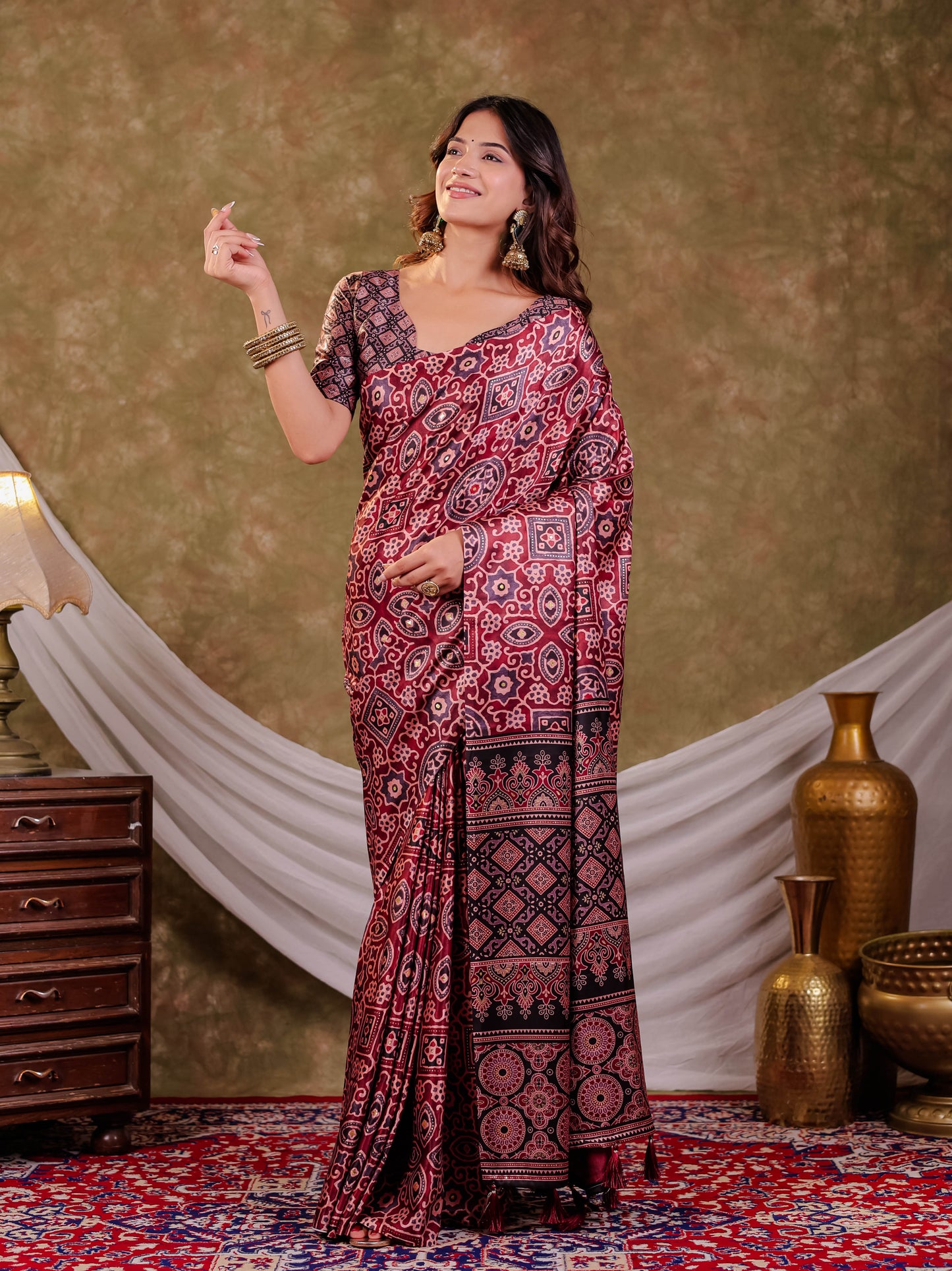 Wine Maroon Pure Chinnon Batik Printed Saree with Foil Detailing, Designer Border, Tassel Edges & Matching Blouse Piece