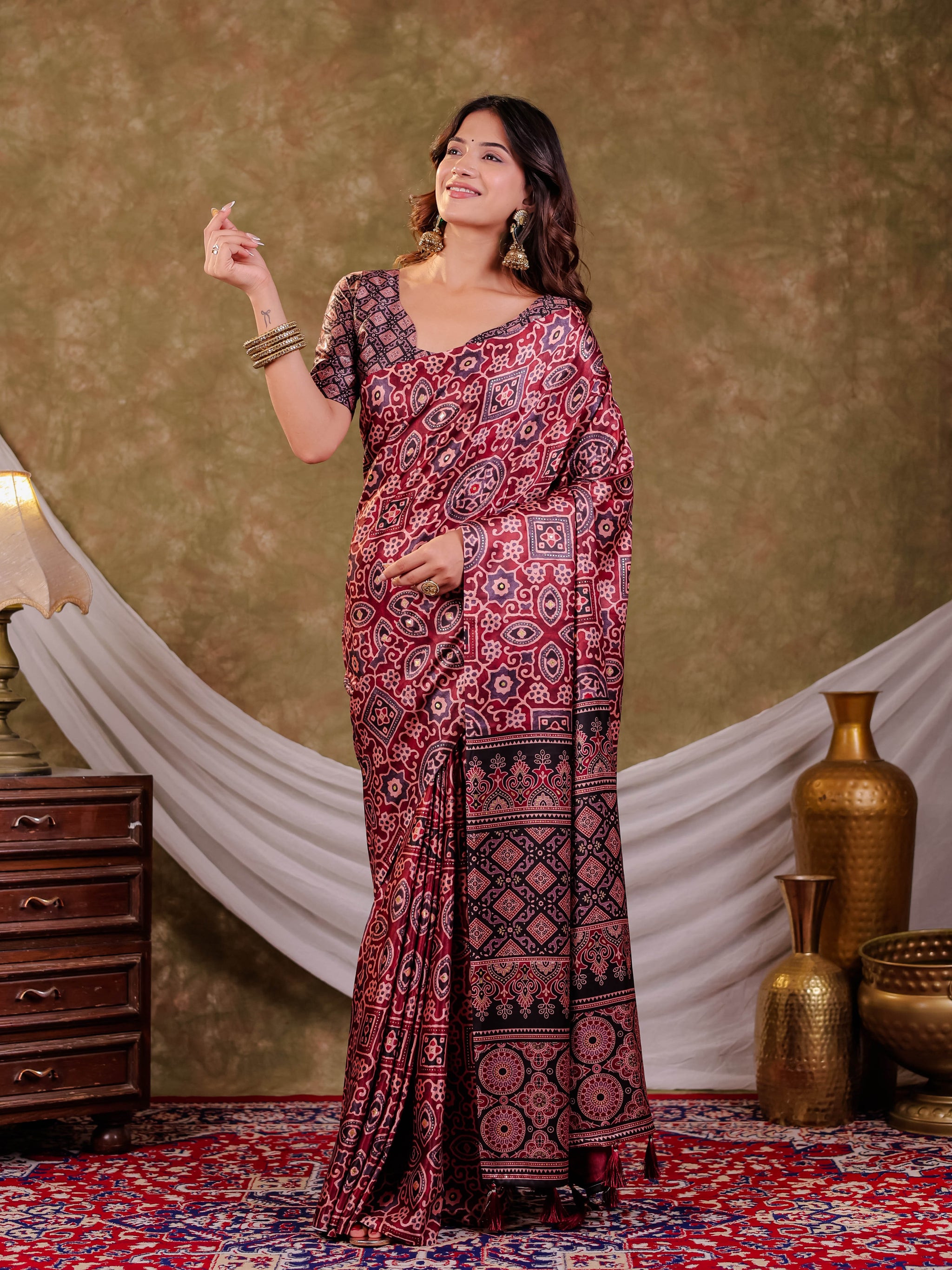 Wine Maroon Pure Chinnon Batik Printed Saree with Foil Detailing, Designer Border, Tassel Edges & Matching Blouse Piece