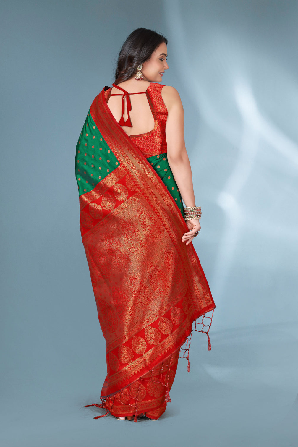Green with red polka paithani silk contrast zari woven saree with unstitched blouse