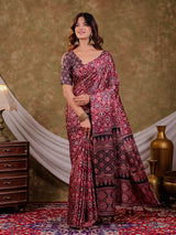 Wine Maroon Pure Chinnon Batik Printed Saree with Foil Detailing, Designer Border, Tassel Edges & Matching Blouse Piece