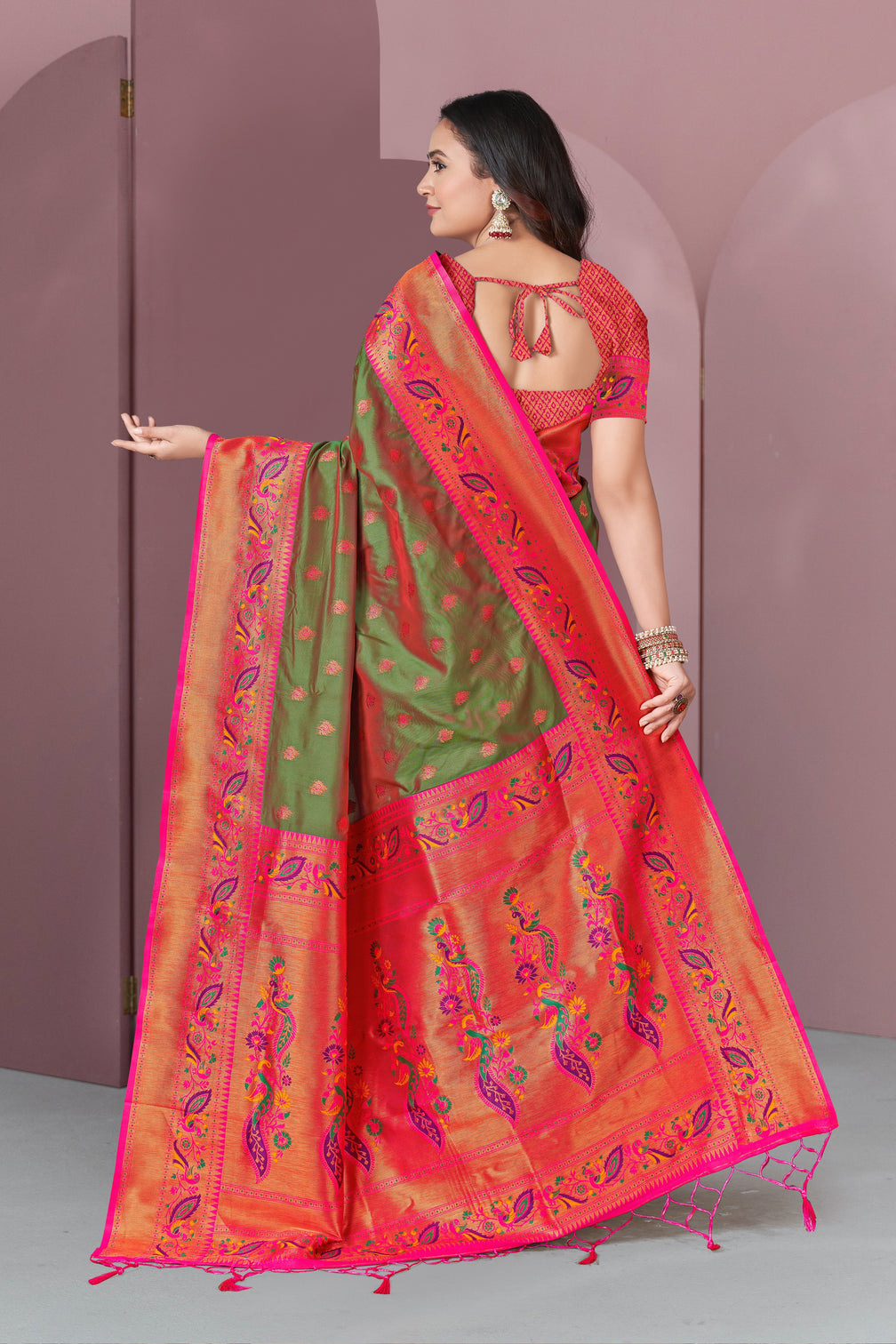Mehendi green original meenakari paithani silk zari woven saree