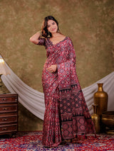 Wine Maroon Pure Chinnon Batik Printed Saree with Foil Detailing, Designer Border, Tassel Edges & Matching Blouse Piece