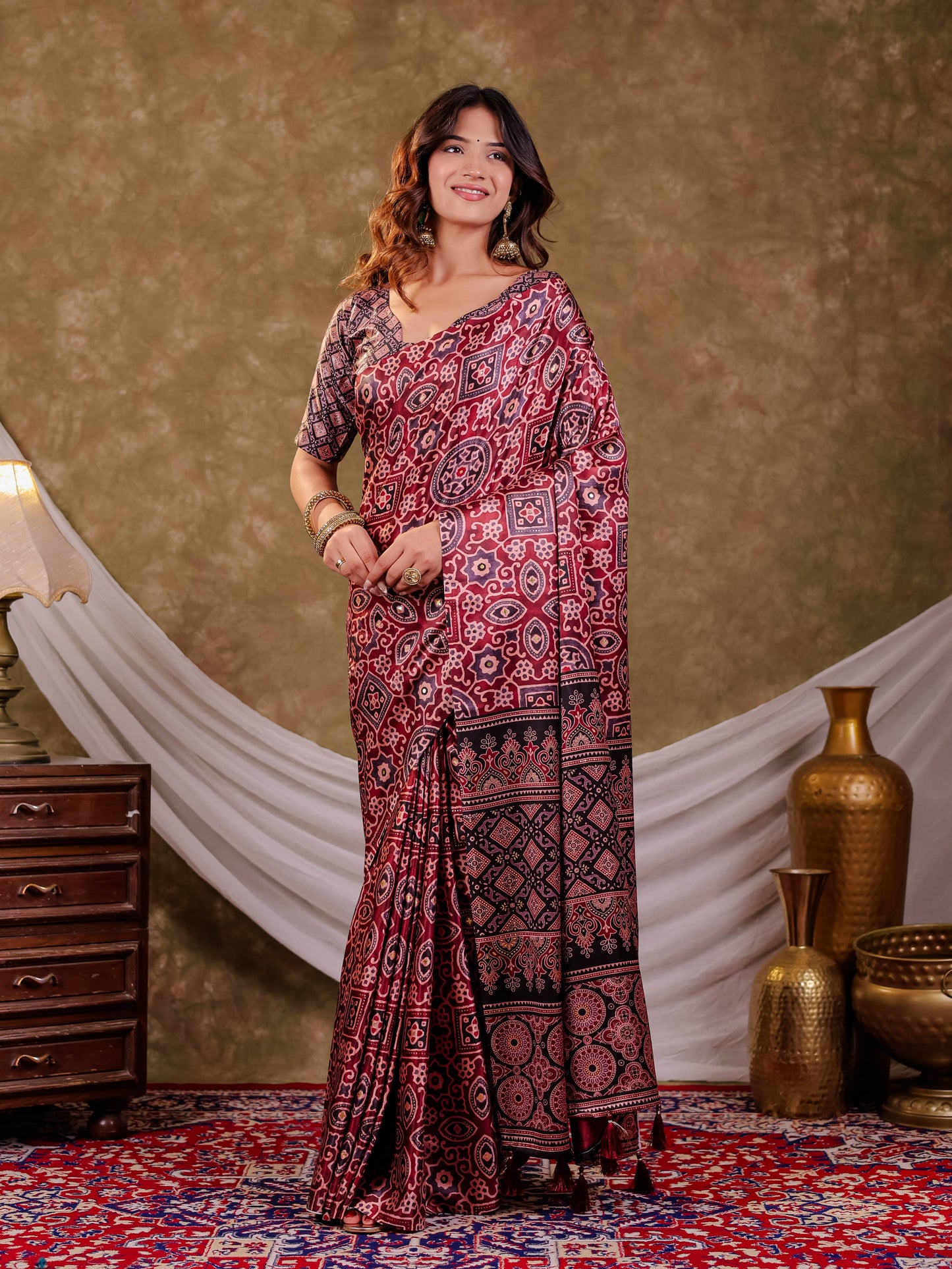 Wine Maroon Pure Chinnon Batik Printed Saree with Foil Detailing, Designer Border, Tassel Edges & Matching Blouse Piece