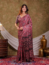Wine Maroon Pure Chinnon Batik Printed Saree with Foil Detailing, Designer Border, Tassel Edges & Matching Blouse Piece