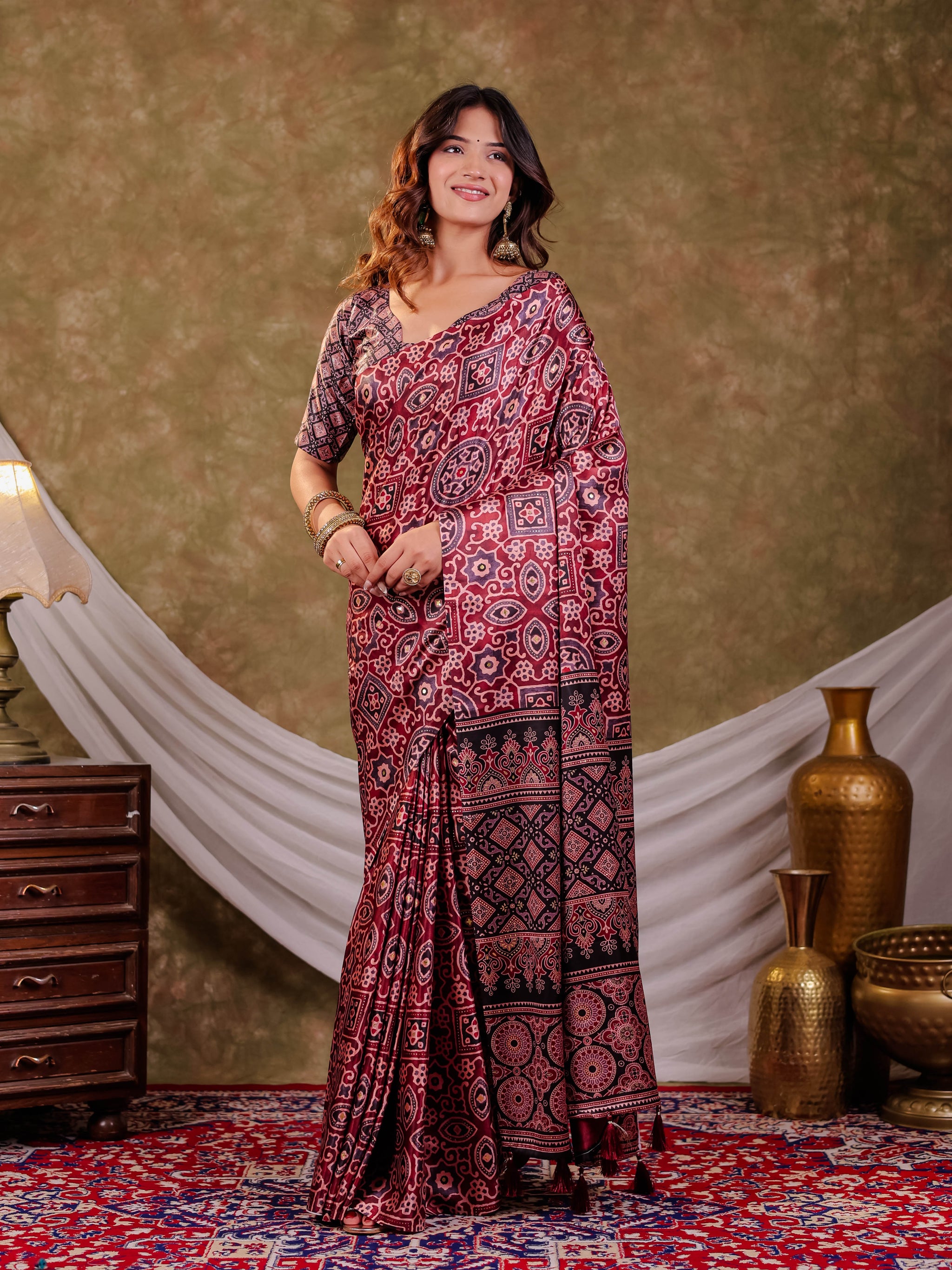 Wine Maroon Pure Chinnon Batik Printed Saree with Foil Detailing, Designer Border, Tassel Edges & Matching Blouse Piece