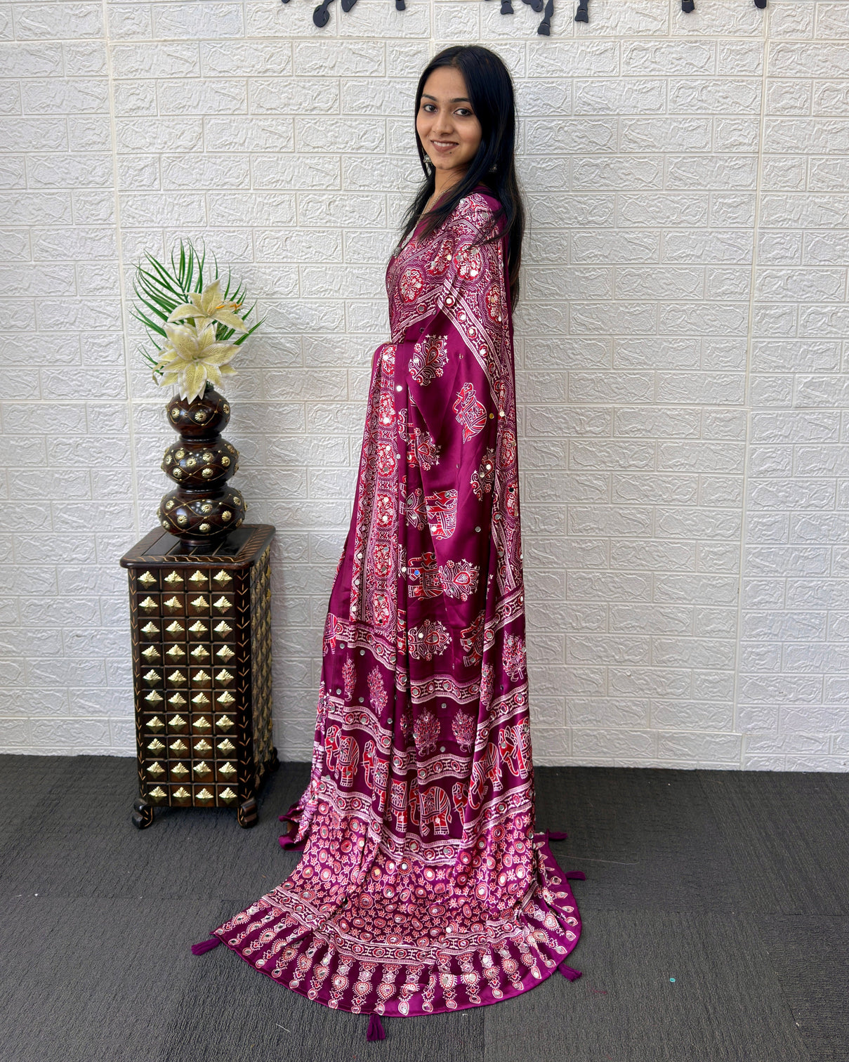 Plum purple modal silk saree with elephant motif print heritage designer pallu traditional festive wear saree