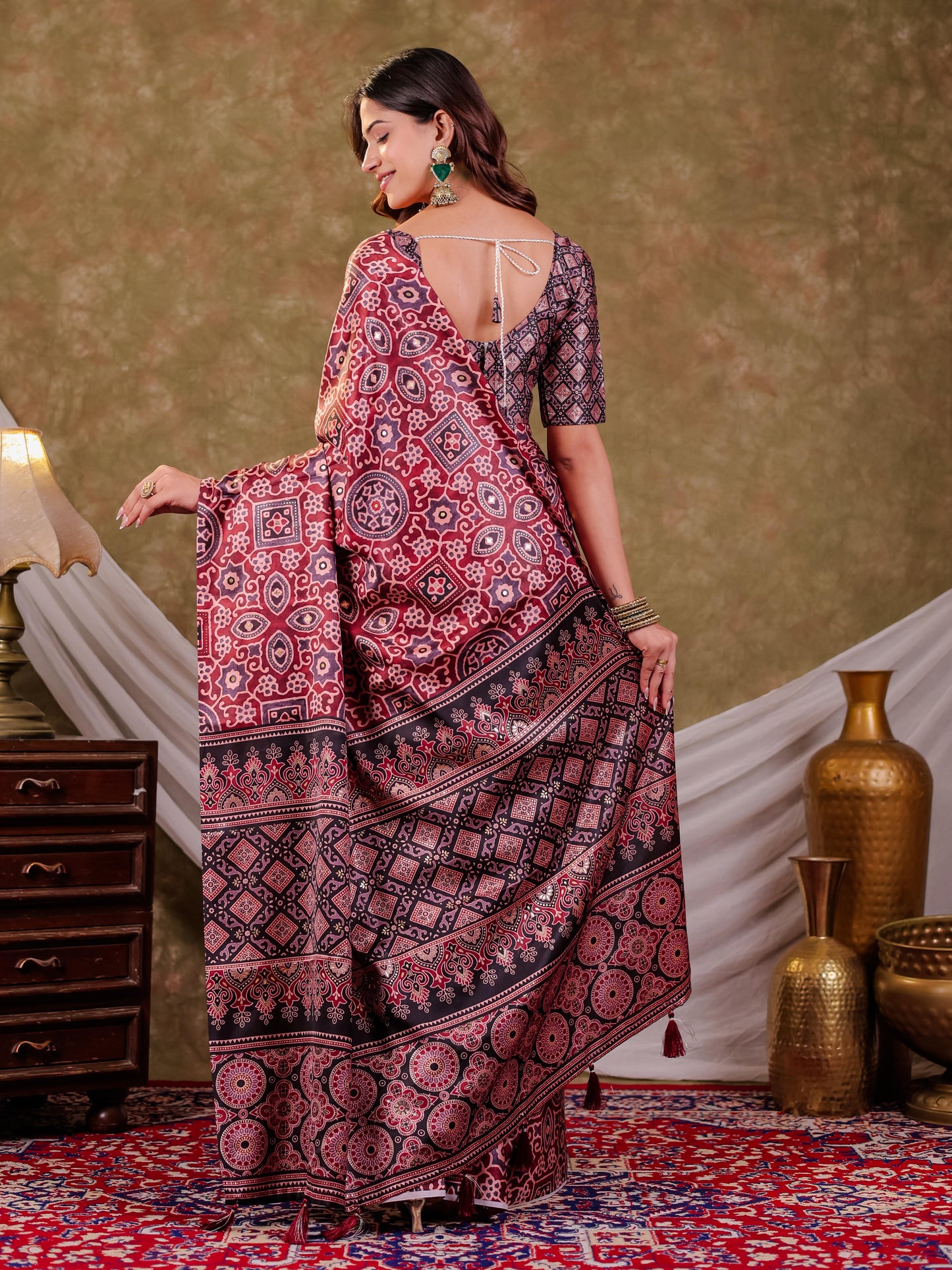 Wine Maroon Pure Chinnon Batik Printed Saree with Foil Detailing, Designer Border, Tassel Edges & Matching Blouse Piece