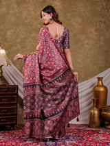 Wine Maroon Pure Chinnon Batik Printed Saree with Foil Detailing, Designer Border, Tassel Edges & Matching Blouse Piece
