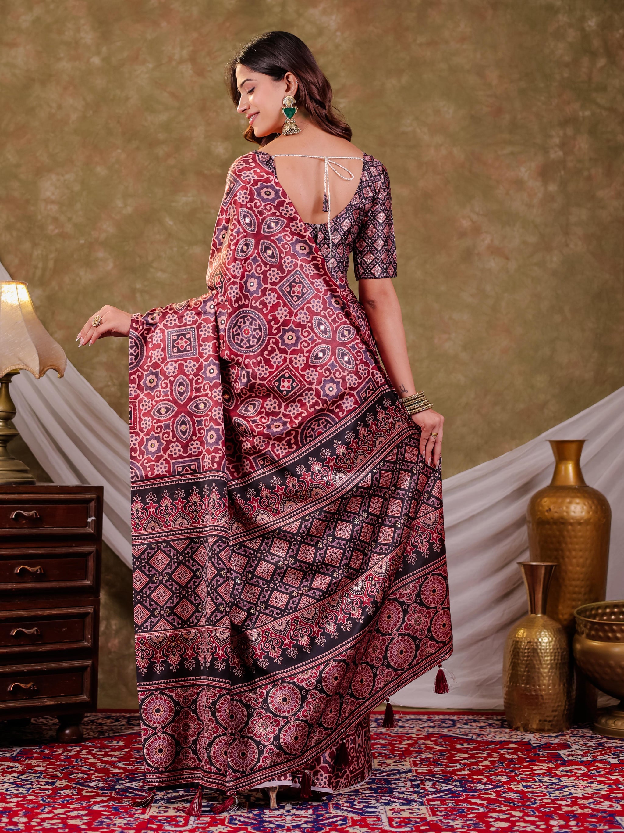 Wine Maroon Pure Chinnon Batik Printed Saree with Foil Detailing, Designer Border, Tassel Edges & Matching Blouse Piece