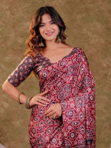 Wine Maroon Pure Chinnon Batik Printed Saree with Foil Detailing, Designer Border, Tassel Edges & Matching Blouse Piece