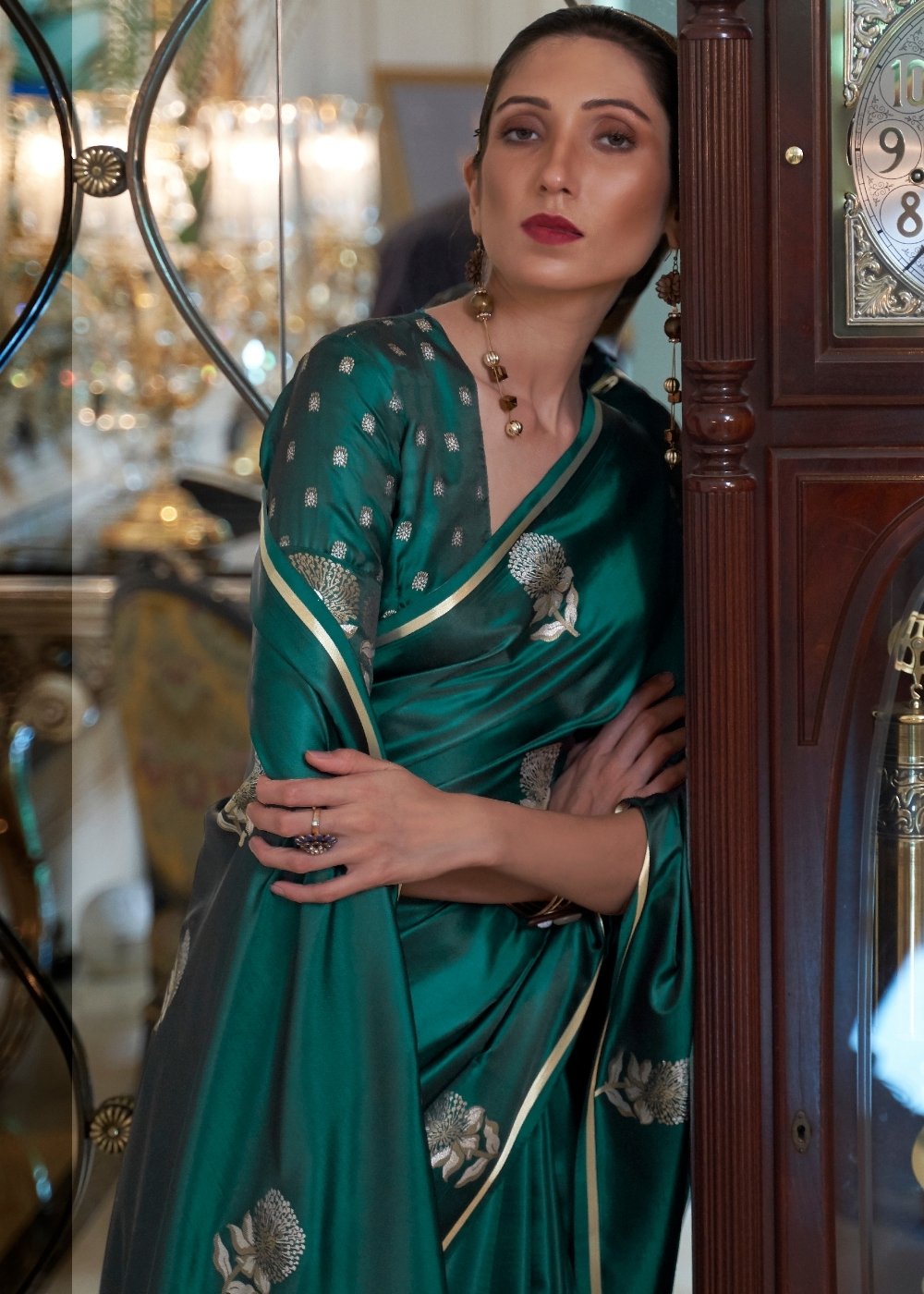 Kaitoke Green Designer Satin Silk Saree