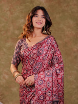 Wine Maroon Pure Chinnon Batik Printed Saree with Foil Detailing, Designer Border, Tassel Edges & Matching Blouse Piece