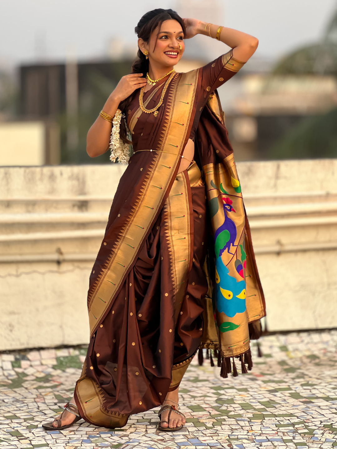 Coffee Wedding Special Nauvari Paithani Soft Silk Saree with Zari Woven Polka Motifs and Peacock Pallu