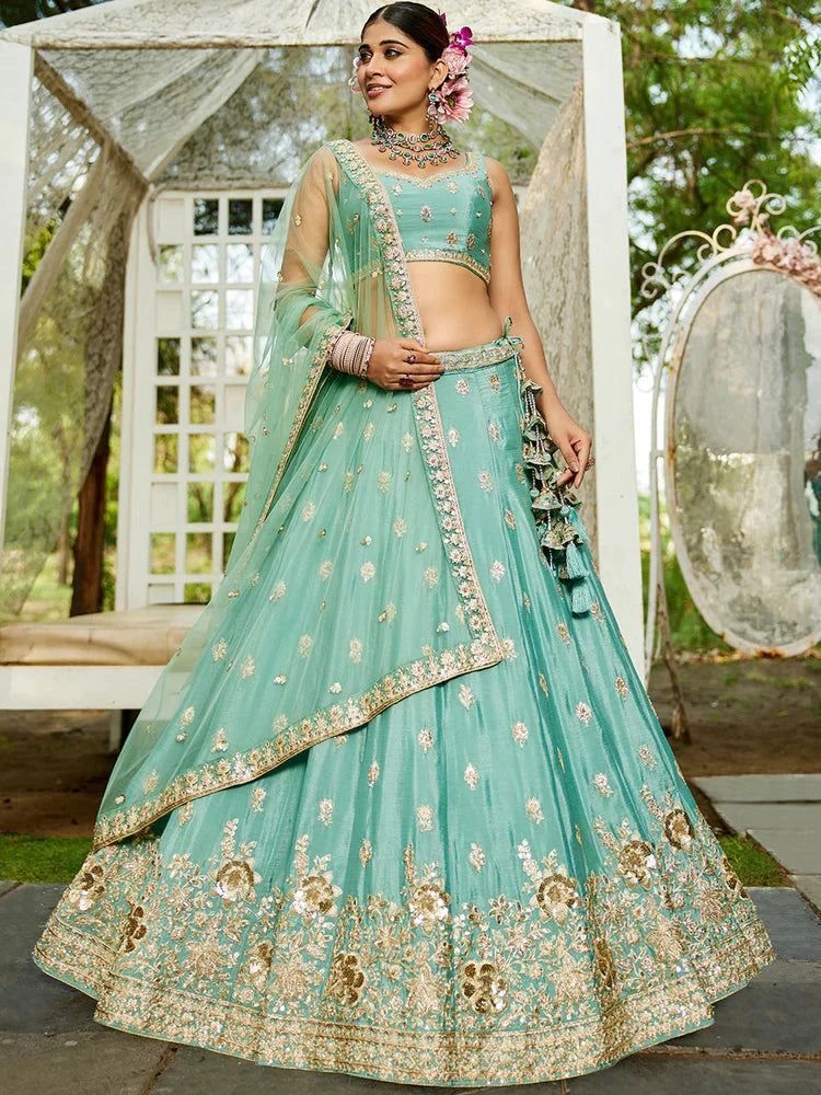 Sea Green Chiffon Semi-Stitched Lehenga Choli Set with Heavy Sequin & Embroidery