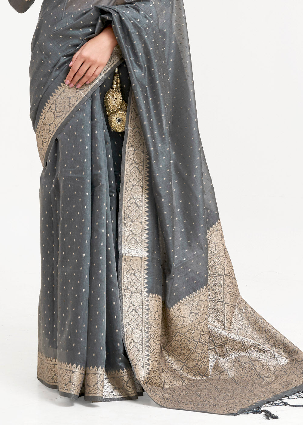 Steel Grey Woven Banarasi Silk Saree with overall Mukaish work
