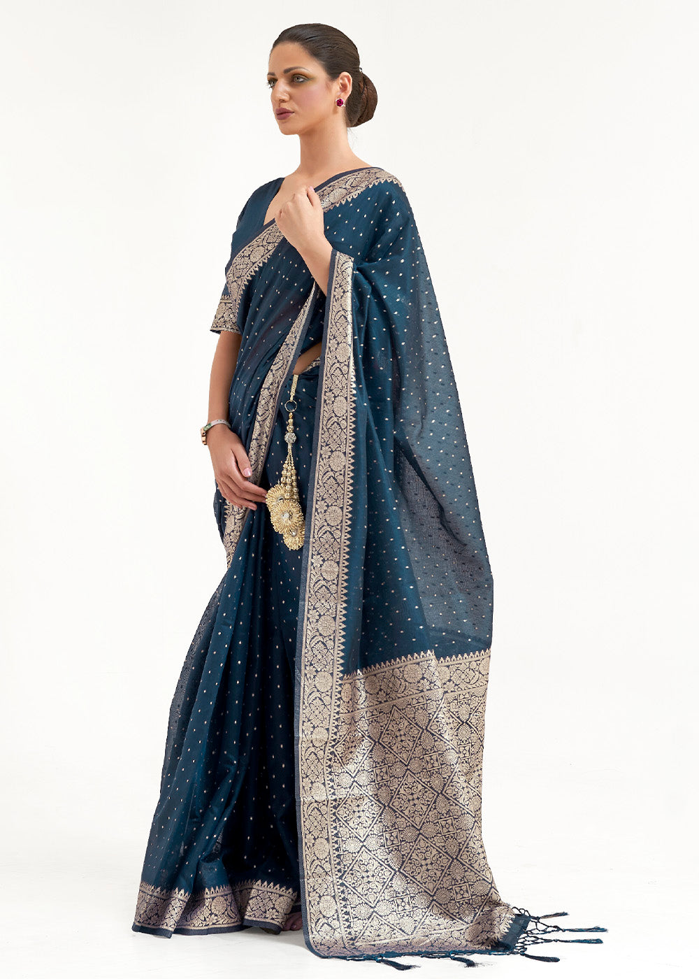 Prussian Blue Woven Banarasi Silk Saree with overall Mukaish work