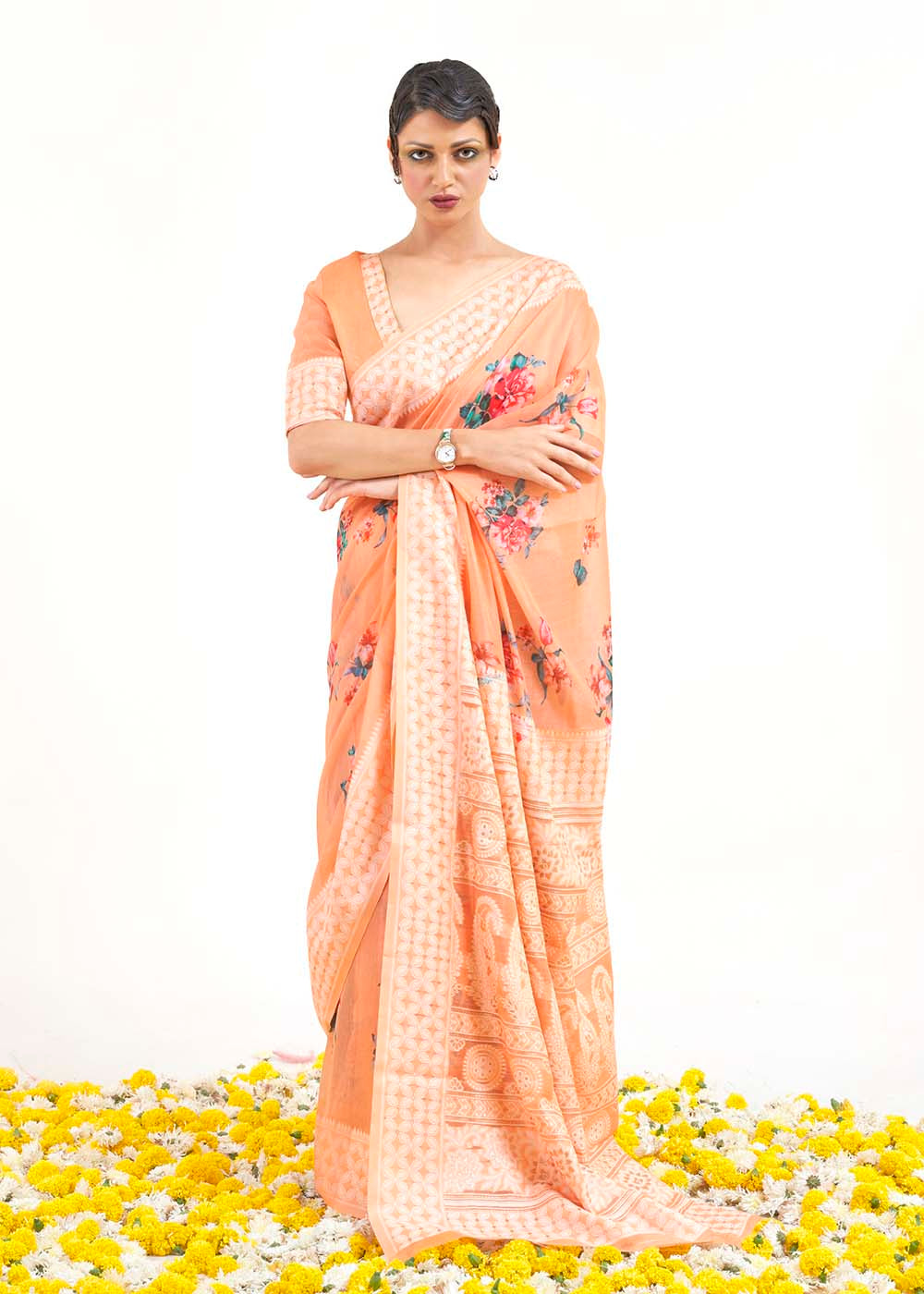 Light Coral Orange Chikankari Silk Saree with Floral Digital Print