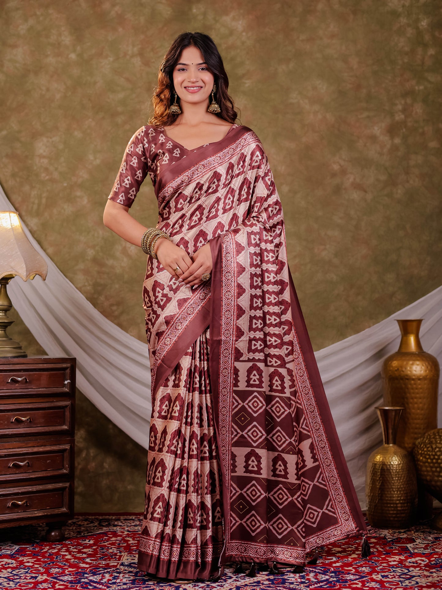Coffee Brown Pure Chinnon Batik Printed Saree with Foil Detailing, Designer Border, Tassel Edges & Matching Blouse Piece