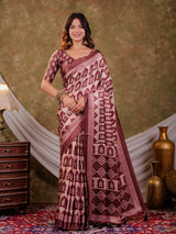 Coffee Brown Pure Chinnon Batik Printed Saree with Foil Detailing, Designer Border, Tassel Edges & Matching Blouse Piece