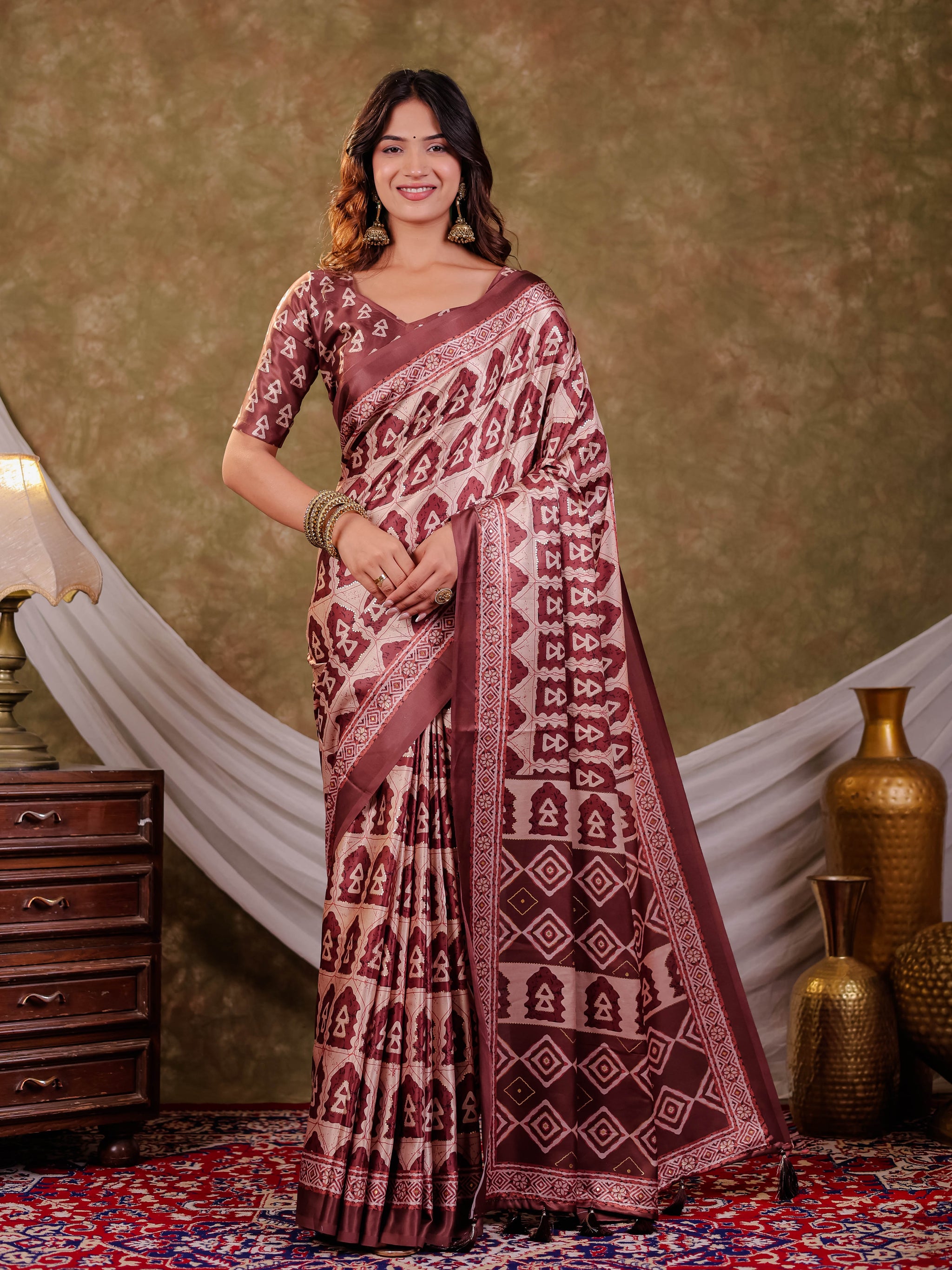 Coffee Brown Pure Chinnon Batik Printed Saree with Foil Detailing, Designer Border, Tassel Edges & Matching Blouse Piece