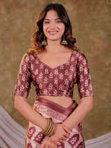 Coffee Brown Pure Chinnon Batik Printed Saree with Foil Detailing, Designer Border, Tassel Edges & Matching Blouse Piece