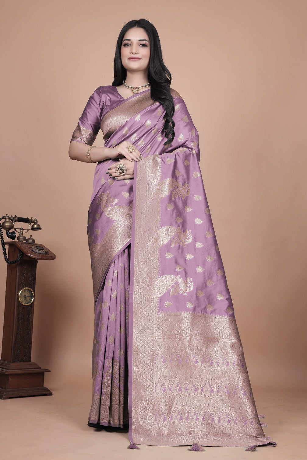 Lavender Banarasi Silk Saree with Golden Zari Detailing for Weddings & Festivals