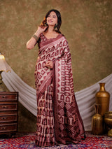 Coffee Brown Pure Chinnon Batik Printed Saree with Foil Detailing, Designer Border, Tassel Edges & Matching Blouse Piece