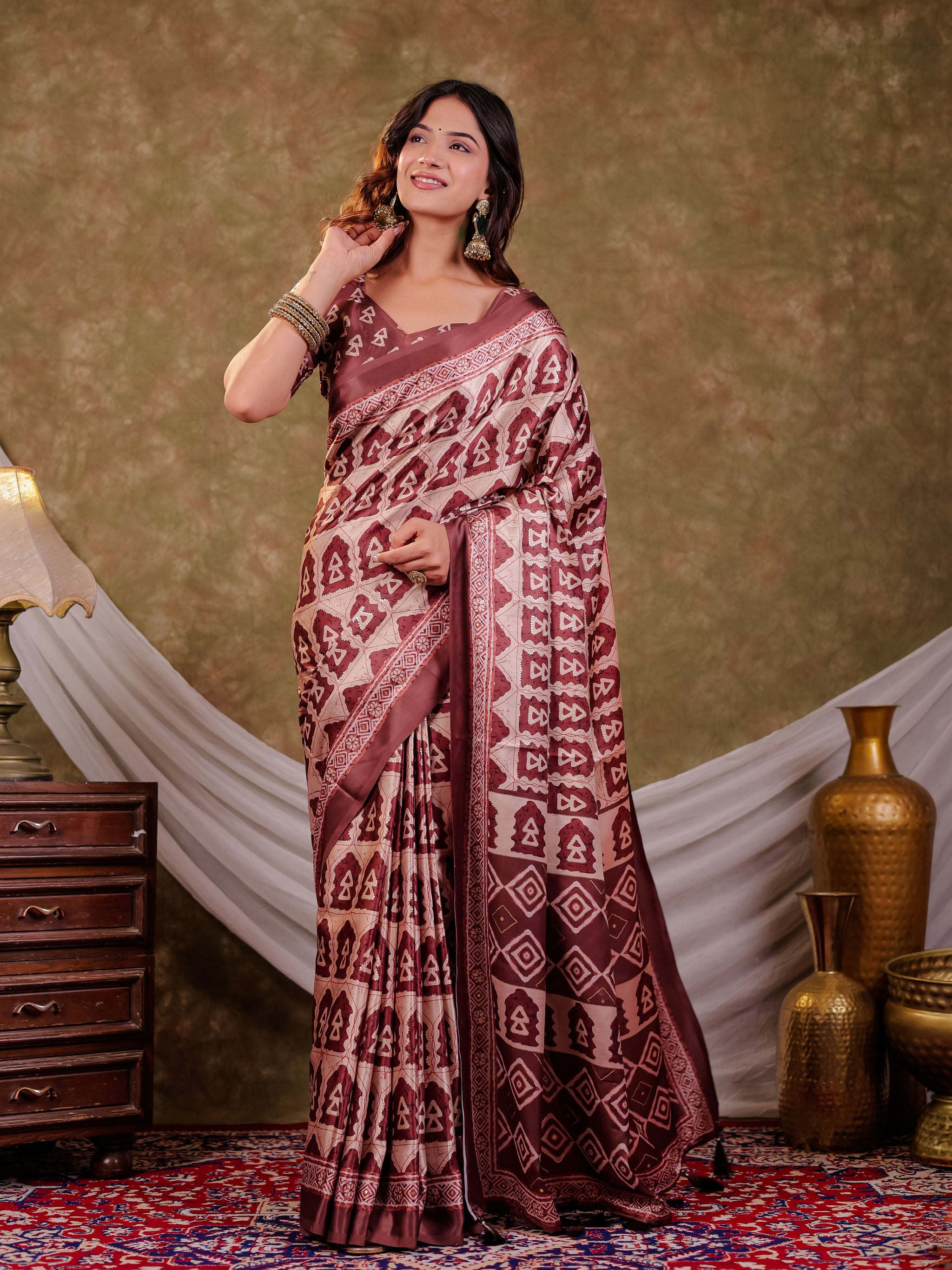 Coffee Brown Pure Chinnon Batik Printed Saree with Foil Detailing, Designer Border, Tassel Edges & Matching Blouse Piece