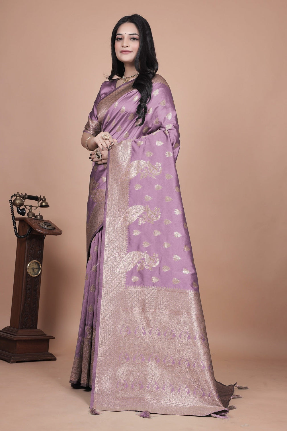 Lavender Banarasi Silk Saree with Golden Zari Detailing for Weddings & Festivals