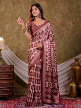 Coffee Brown Pure Chinnon Batik Printed Saree with Foil Detailing, Designer Border, Tassel Edges & Matching Blouse Piece