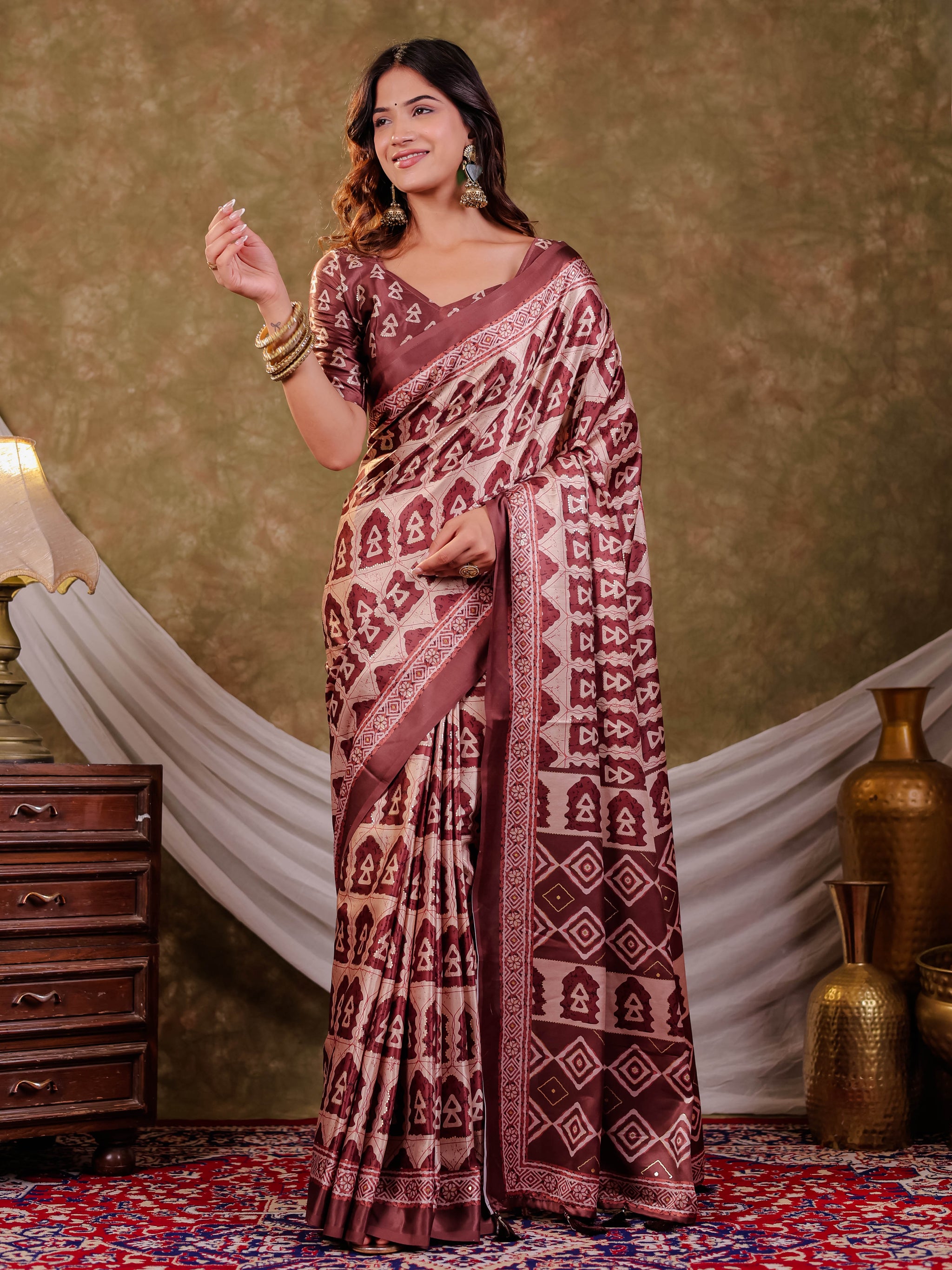 Coffee Brown Pure Chinnon Batik Printed Saree with Foil Detailing, Designer Border, Tassel Edges & Matching Blouse Piece
