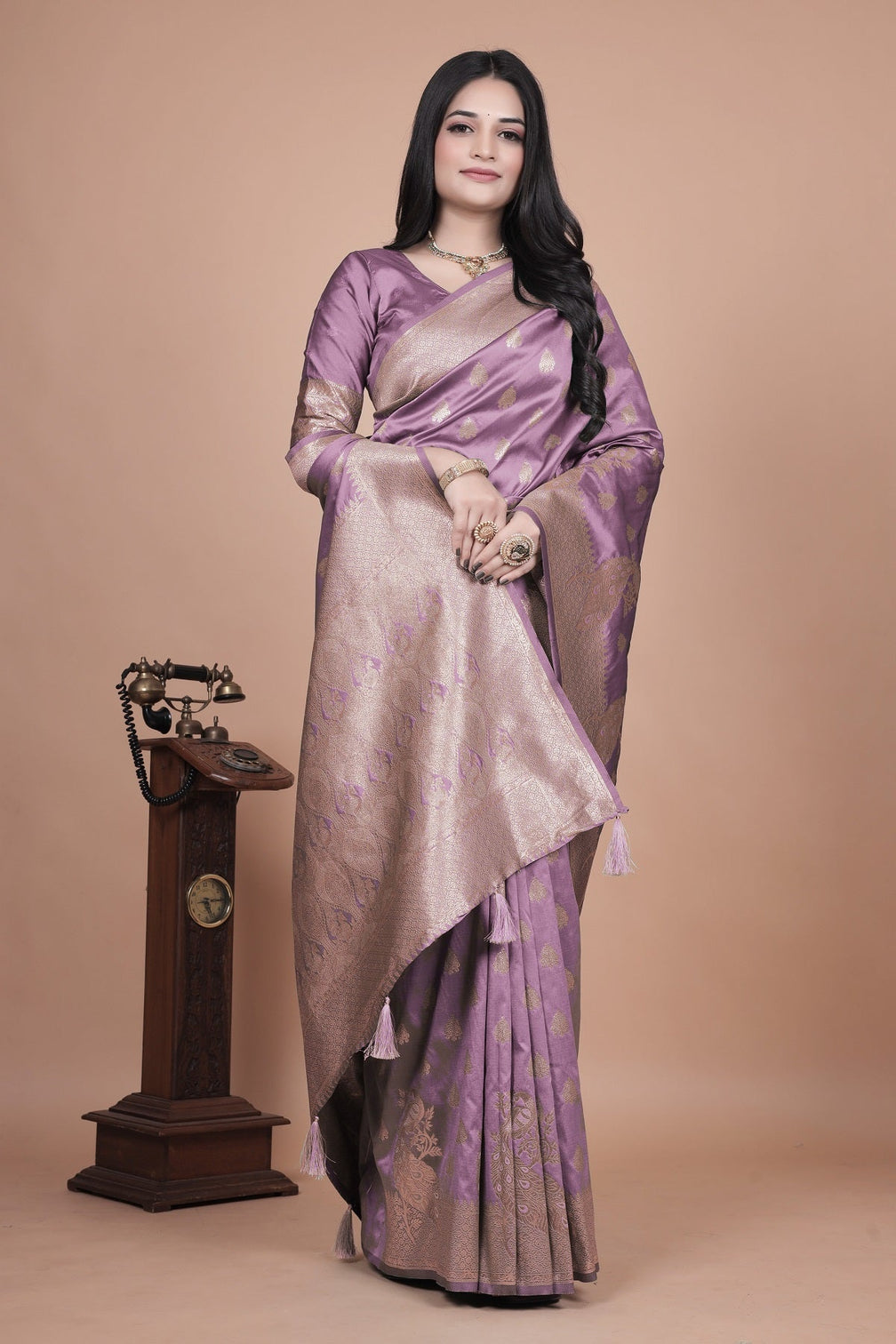 Lavender Banarasi Silk Saree with Golden Zari Detailing for Weddings & Festivals