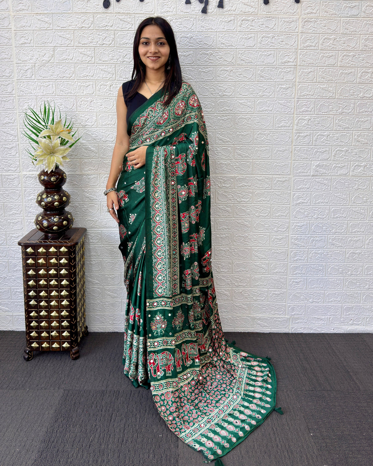Forest green modal silk saree with elephant motif ajrakh print designer heritage pallu traditional festive wear saree