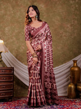 Coffee Brown Pure Chinnon Batik Printed Saree with Foil Detailing, Designer Border, Tassel Edges & Matching Blouse Piece