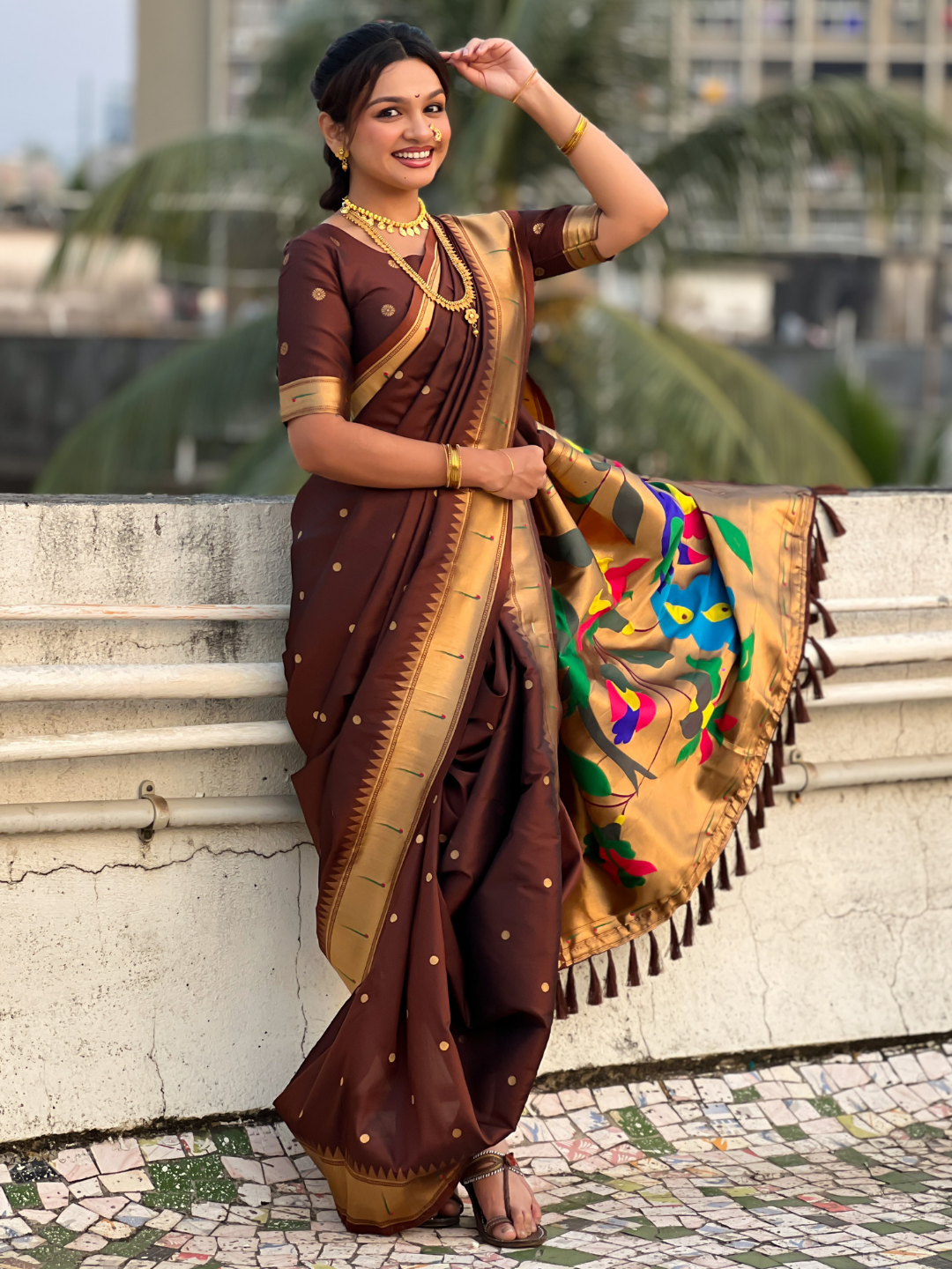 Coffee Wedding Special Nauvari Paithani Soft Silk Saree with Zari Woven Polka Motifs and Peacock Pallu