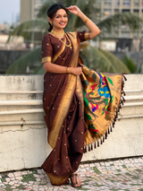 Coffee Wedding Special Nauvari Paithani Soft Silk Saree with Zari Woven Polka Motifs and Peacock Pallu