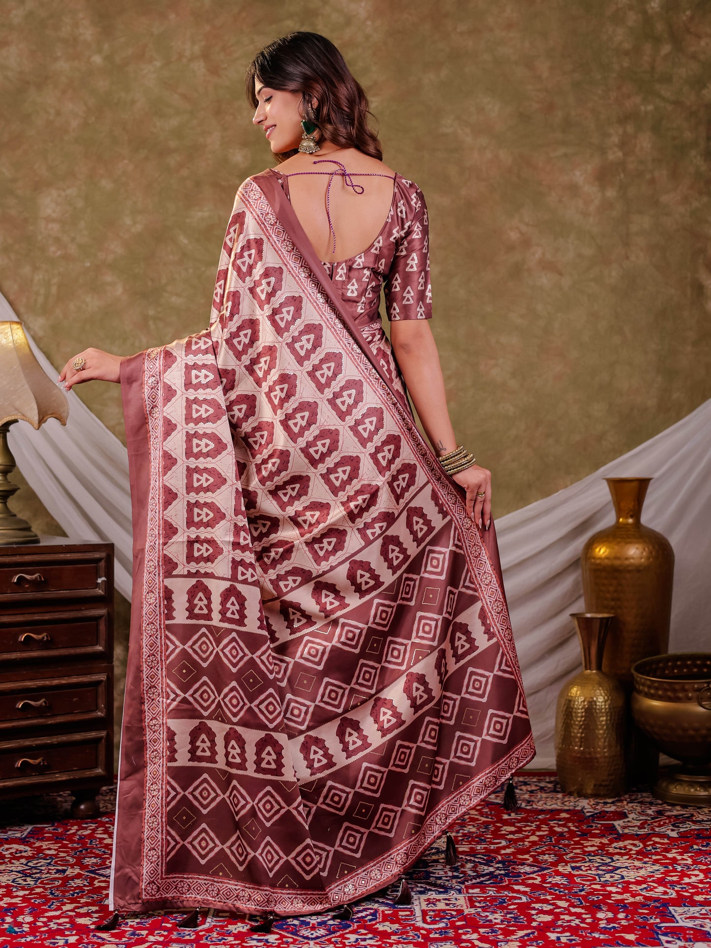 Coffee Brown Pure Chinnon Batik Printed Saree with Foil Detailing, Designer Border, Tassel Edges & Matching Blouse Piece