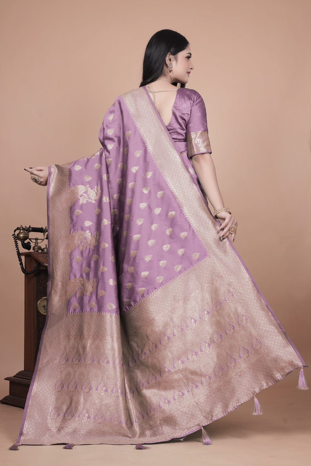 Lavender Banarasi Silk Saree with Golden Zari Detailing for Weddings & Festivals