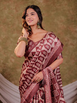Coffee Brown Pure Chinnon Batik Printed Saree with Foil Detailing, Designer Border, Tassel Edges & Matching Blouse Piece