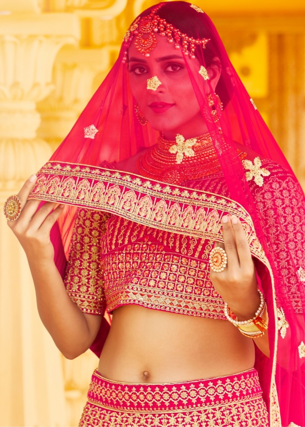 Rose Pink Velvet  Bridal Lehenga Choli with Embroidery & Hand work