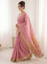 Pink Premium Soft Muga Cotton Saree with Paithani Swan Meenakari Pallu