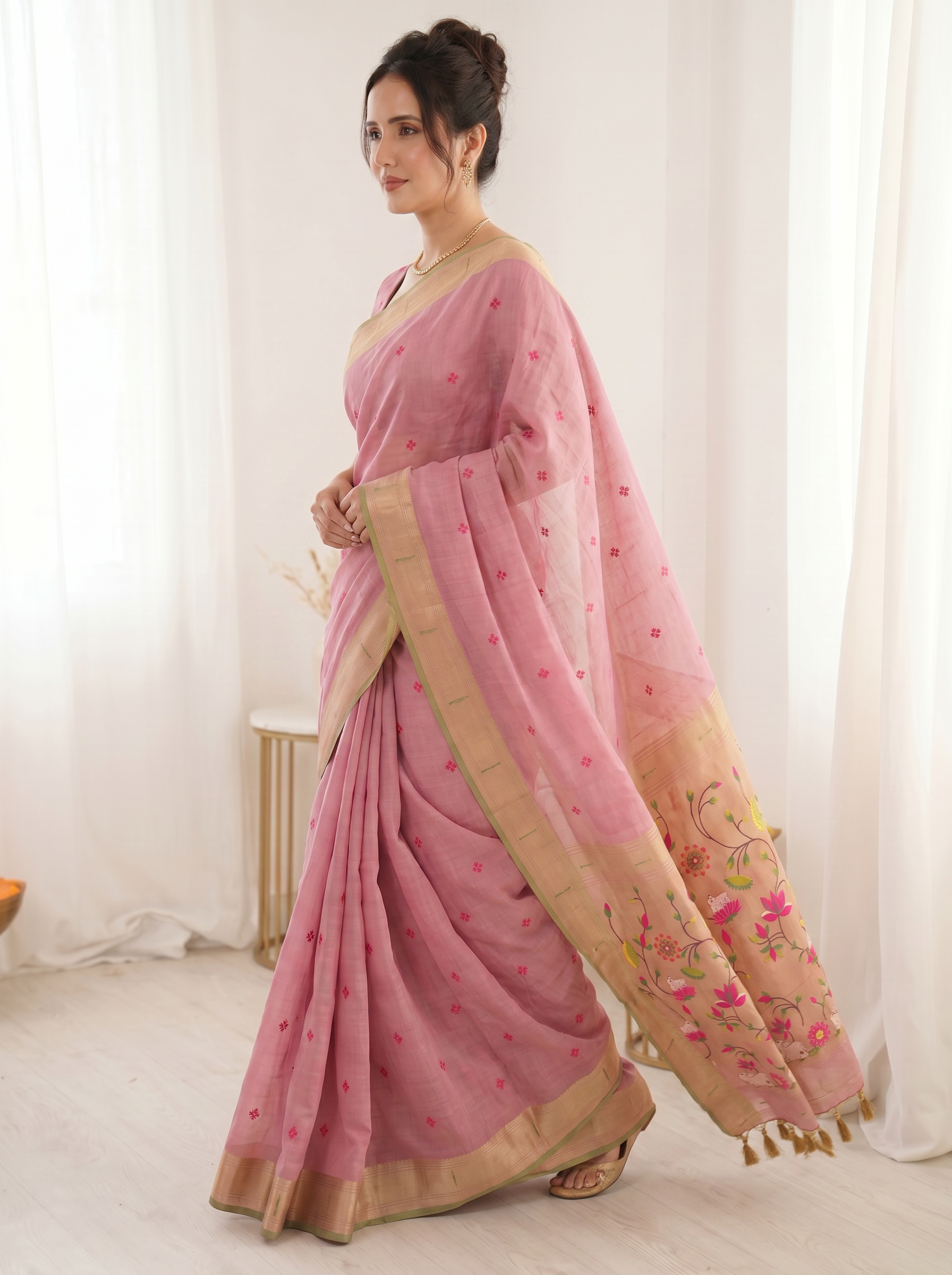 Pink Premium Soft Muga Cotton Saree with Paithani Swan Meenakari Pallu