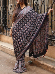 Black ajrakh printed modal silk saree with tassels attached blouse traditional ethnic festive wear saree