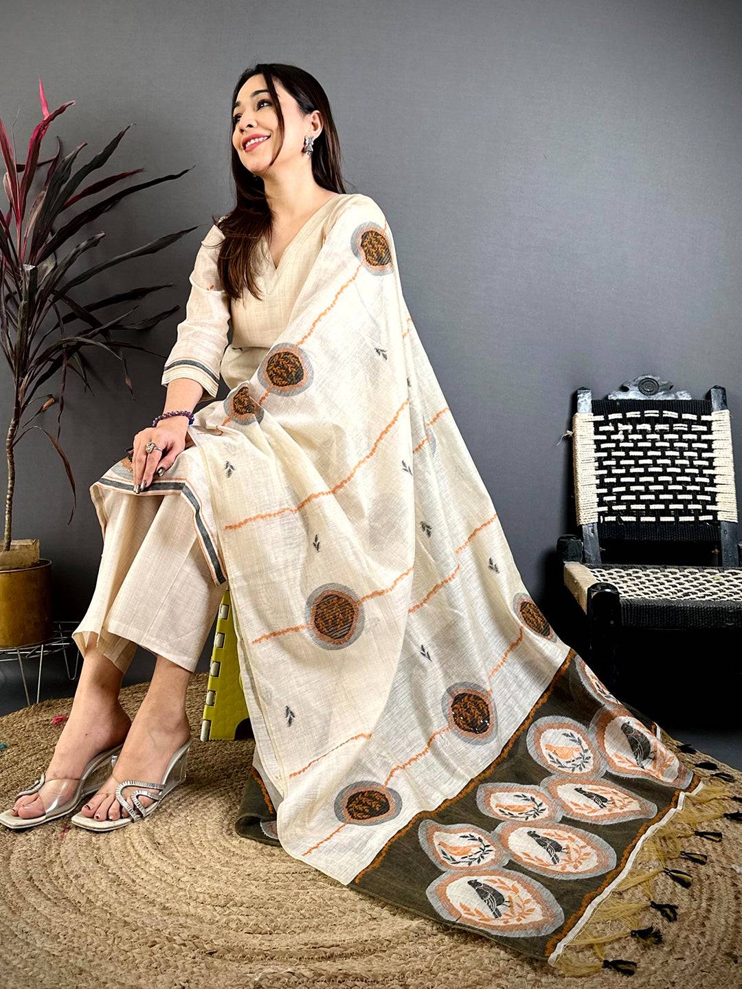 Stylish Beige Floral Cotton Dress